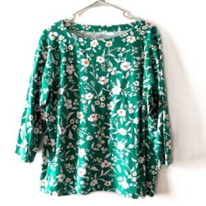 Croft & Barrow All Cotton Green Floral Top with Three-Quarter Sleeves